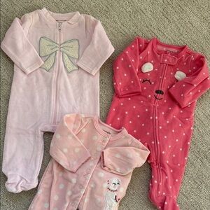 Baby Girls Pink Bow & Polka Dot One-Piece Sleepers - Soft Fleece bundle
